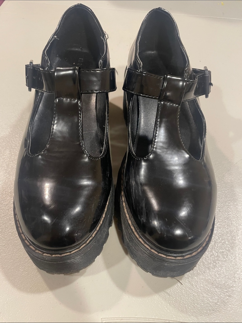Madden Girl Black Patent T‑Strap Platform Shoes